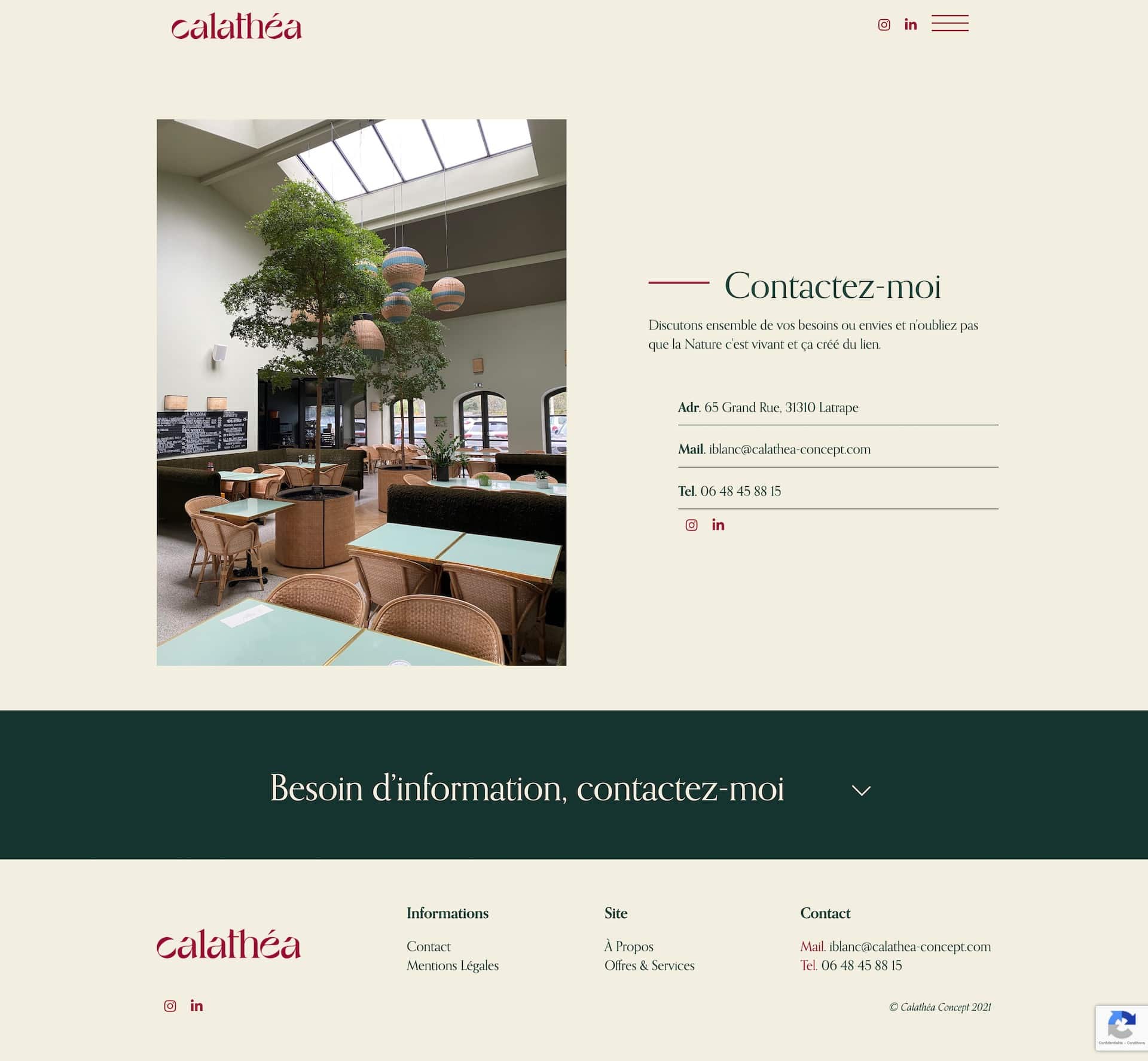 Screen de la page contact du site Calathéa